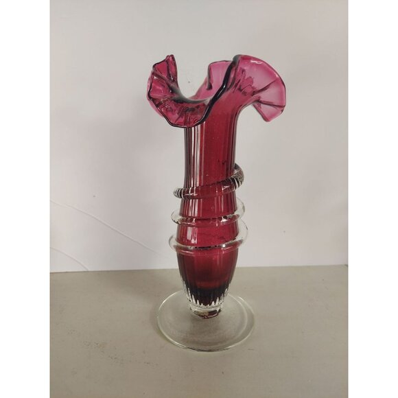 Antique Ribbed Cranberry Glass Vase w/ Applied Rigaree  Antique Ribbed Cranberry Glass Vase w/ Applied Rigaree Ruffled Edge